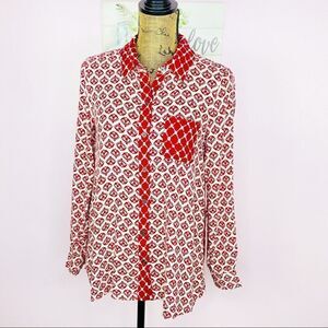 Style & Co. Dual Geometric Print Button Front Shirt‎ Red Cream Petite Small